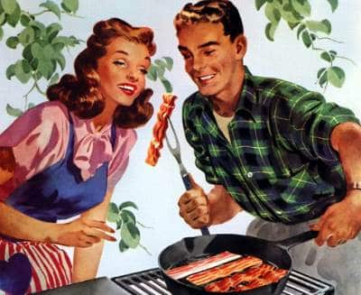 1950s pan fry bacon illustration painting young couple