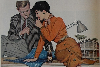 vintage man woman in office looking at blueprints illustration