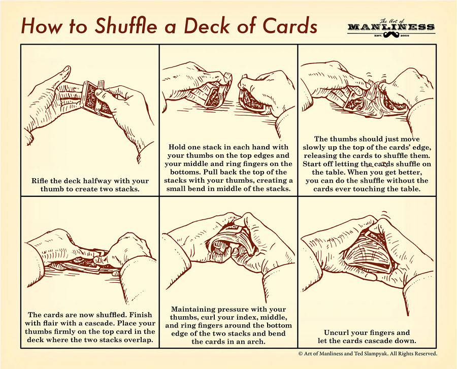Rifle the deck halfway with your thumb to create two stacks. Hold one stack in each hand with your thumbs on the top edges and your middle and ring fingers on the bottoms. Pull back the top of the stacks with your thumbs, creating a small bend in middle of the stacks. The thumbs should just move slowly up the top of the cards' edge, releasing the cards to shuffle them. Start off letting the cards shuffle on the table. When you get better, you can do the shuffle without the cards ever touching the table. The cards are now shuffled. Finish with flair with a cascade. Place your thumbs firmly on the top card in the deck where the two stacks overlap. Maintaining pressure with your thumbs, curl your index, middle, and ring fingers around the bottom edge of the two stacks and bend the cards in an arch. Uncurl your fingers and let the cards cascade down. 