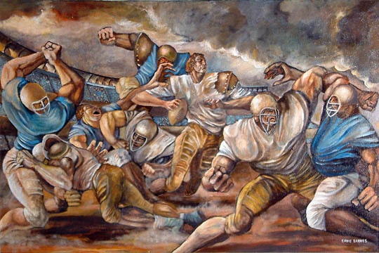 Barnes credited his football playing career with greatly influencing his work; during games he was hype-aware of how his body was moving and took notes on the feelings, attitude, and expression these movements created alone and as he collided with others. In Sunday's Heroes he depicts determination, danger, competition and camaraderie all with paint and brush. The characters actually appear to be moving on the canvas. 