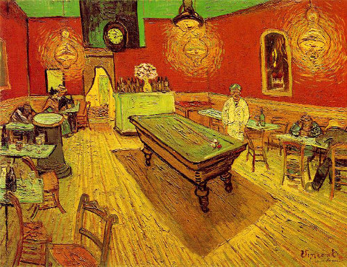 Van Gogh's subject matter covered all bases, but one of my all-time favorites of his is "The Night Cafe." There are beautiful brush strokes and colors, but it's unmistakably masculine. I despise the term "man cave," but I can almost smell the whiskey and pipe tobacco when I look into this painting with its parlor of tables and billiard balls waiting for the "break."