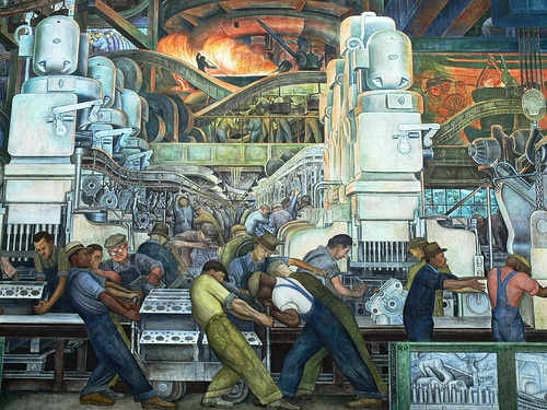 Rivera considered one of his finest works to be "Detroit Industry." A series of 27 fresco panels, covering 447 square yards, it was completed with the support of Henry Ford between 1932-1933 for the Detroit Institute of Arts. In the epic mural, he expertly captured men of differing skills and ethnicity all toiling together in a cavernous automobile factory to achieve the same end result: putting America on wheels and down the road. One can almost smell the oil, soot and metal dust when standing in front of this huge, striking snapshot of a day in the life of 1930's industrial America.