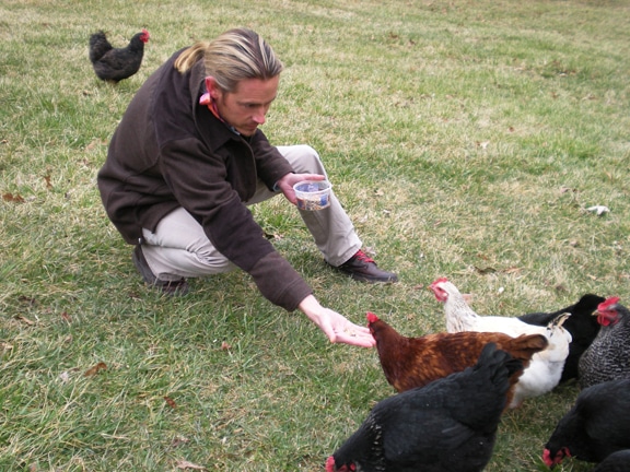 Creek hand-feeding his flock.