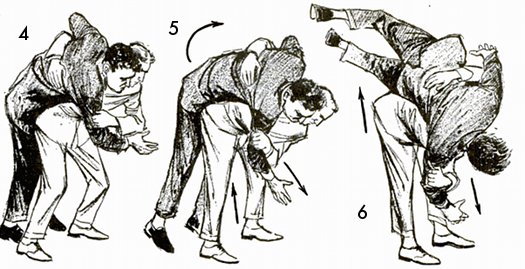 Keep your knees bent slightly, maintain a steady pull on the attacker's slleve, and keep your right hand in the small of his back (img. 4). Straightening your legs will now raise his feet off the ground (img. 5). Your opponent is now balanced on your right hip, and you can toss him by turning him over as you continue to pull on his right sleeve (img. 6). 