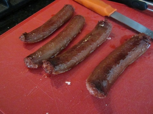 Fried up hot dogs. Scott mentioned applying pressure so they don't curl up. Good advice. I turned my back on them and they had curled up. Applying some pressure at that point was just fine though and they retained a mostly normal shape.