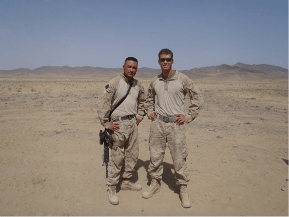 SSgt Joseph Caravalho, the platoon sergeant, and Lt Jeff Clement, the platoon commander, at a desert security position in the Helmand Province, 2010.