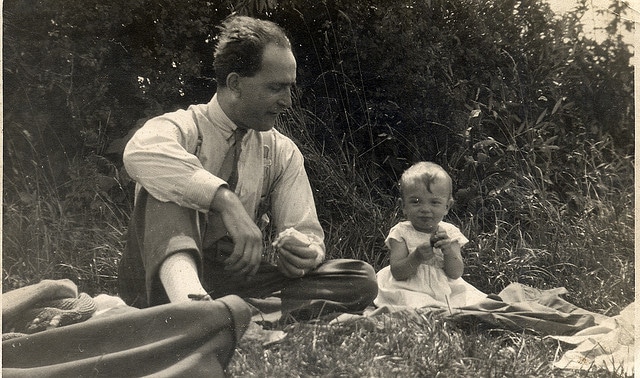 vintage 1940s father picnic with baby