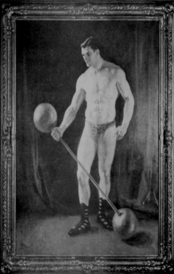 vintage oldtime strongman bodybuilder lifting dumbbell 