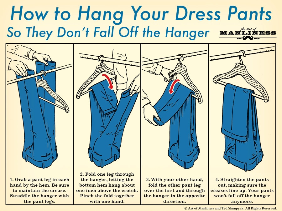 How To Hang Your Dress Pants So They Don t Fall Off The Hanger 