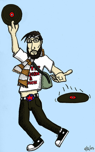 An indie cartoon of a man holding a record.