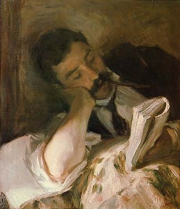 A Manvotional painting inspired by Rudyard Kipling's "If", depicting a man immersed in reading a book.