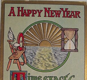A cheerful new year card with an image of a clock, becoming a better man.