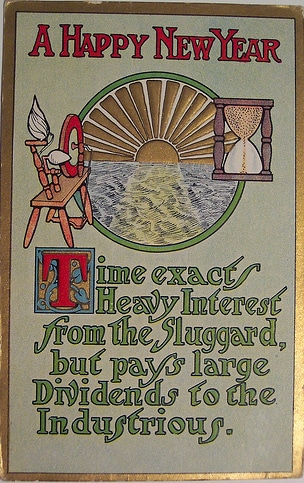 A cheerful new year card with an image of a clock, becoming a better man.