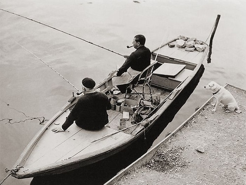 Two men and their dog enjoy a peaceful fishing trip in a boat.