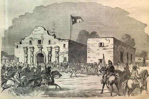 A drawing of a man on horseback in front of a building, capturing the spirit of the Battle of the Alamo.
