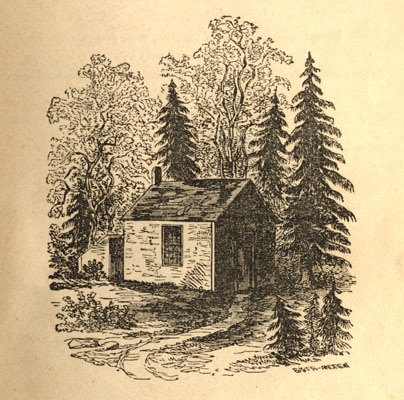 A small black and white illustration of a cabin in the woods.