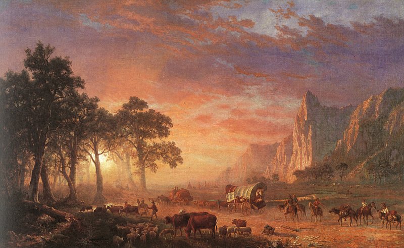 A painting of pioneers on a deserted road.