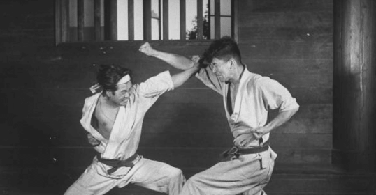 Two men getting started in martial arts, practicing karate in a room.
