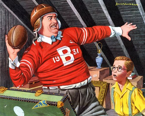 A cartoon illustration of a man getting over his glory days, throwing a football.
