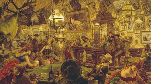 A manly painting of people in a bar by Arnold Friberg