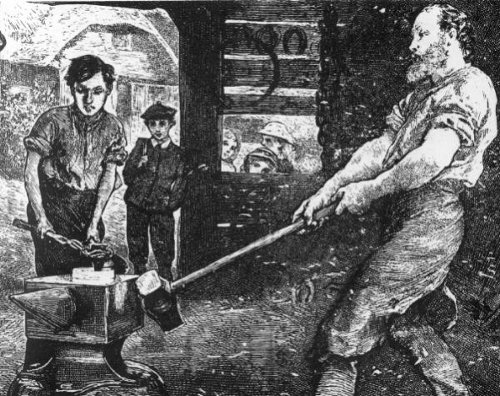 A heroic American man, embodying archetypes of strength and craftsmanship, is depicted in an old black and white drawing as he skillfully wields an anvil.
