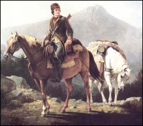 A painting of Daniel Boone on a horse with mountains in the background.