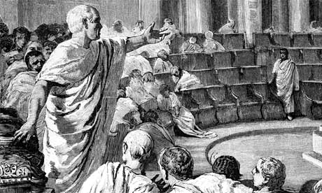 A classical black and white drawing of a man delivering an introduction to a group of people using rhetoric.