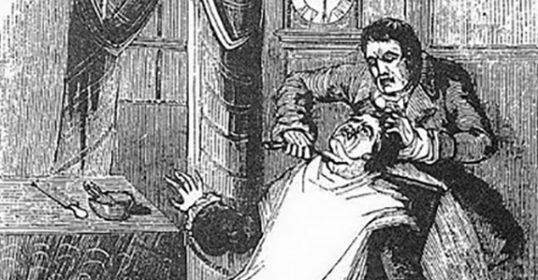 An illustration of a man being shaved in black and white.