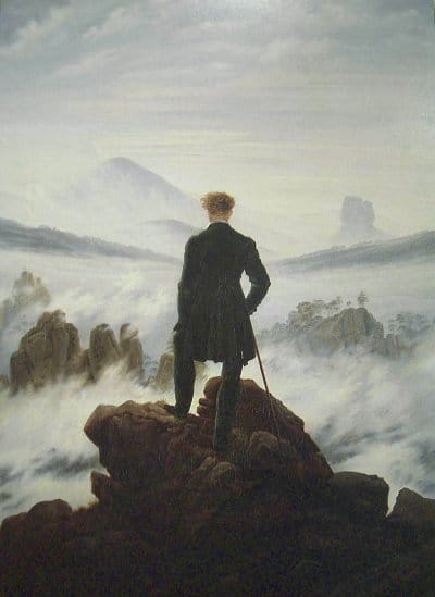 A painting of a man standing on top of a superhuman mountain.