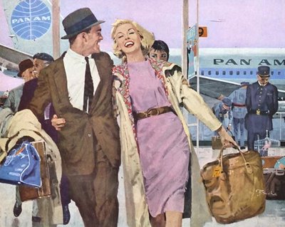 An illustration of a man and woman walking through an airport on Valentine's Day.