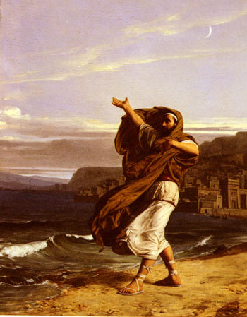 A visually captivating painting of a man gracefully dancing on the picturesque beach.