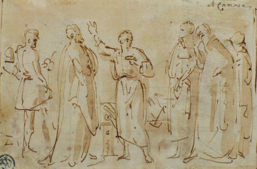 A drawing of a group of men in robes engaging in Classical Rhetoric.