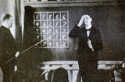Two men mentally mapping and memorizing in front of a blackboard.