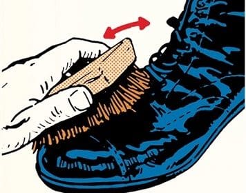 A hand brushing a shoe with a red arrow indicating the direction of the motion, demonstrating 'Shoe Care' skill of the week.