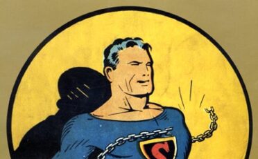 A comic book cover featuring Superman breaking free from a chain around his neck.