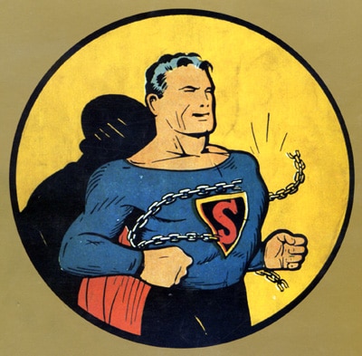 A comic book cover featuring Superman breaking free from a chain around his neck.