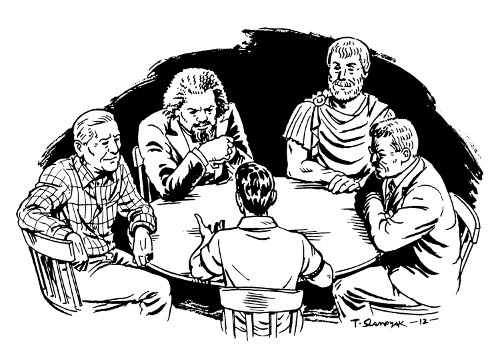 A black and white drawing of a group of people sitting around a table, resembling an invisible counsel.