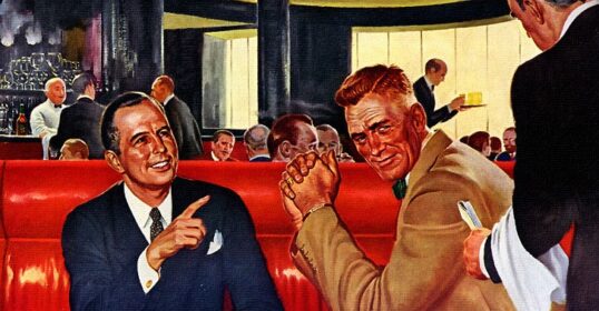 A perfect painting of two men having a business lunch at a table.