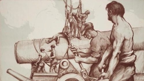A drawing of men working on a cannon, making them feel like men.