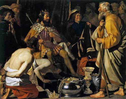 In the painting titled "No Man Happy," a man dressed in a robe stands beside an enticing pot, reflecting on the concept of happiness and contemplating its elusive nature.