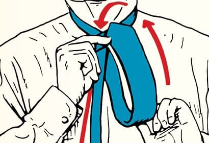 Illustration of a person tying a Half-Windsor Necktie Knot with arrows indicating the direction of movement.
