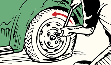 Person demonstrating how to use a tire iron to loosen lug nuts on a vehicle wheel as the skill of the week.