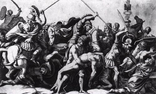 A black and white drawing of a group of men on horses depicting scenes from the Trojan War.