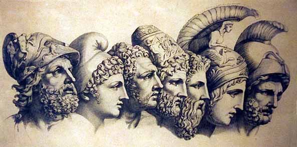 A drawing of a group of men wearing helmets, inspired by Greek mythology. [Part II]