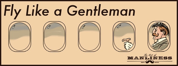 A drawing of a gentleman looking out of a plane window as he flies.