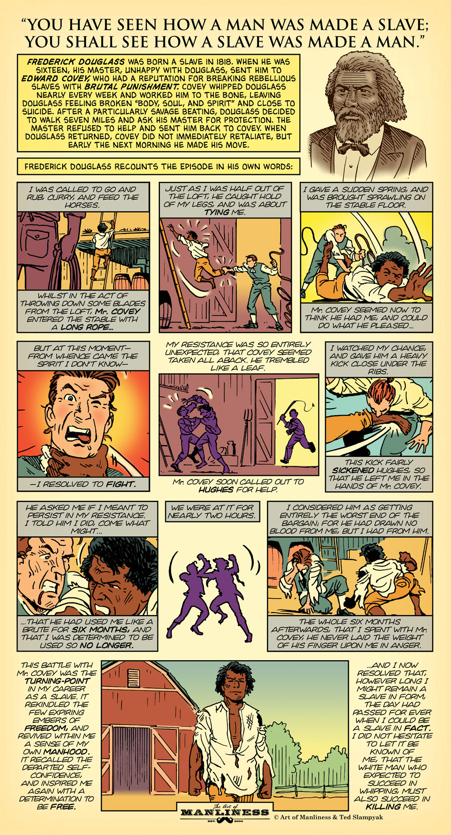 A black and white comic strip featuring Frederick Douglass, a black man who was once enslaved, and a woman.