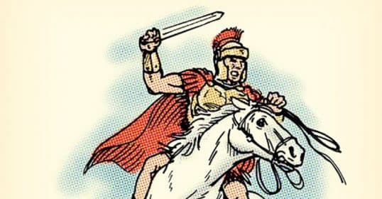 An illustrated roman soldier on horseback, brandishing a sword with thumos and wearing a cape.
