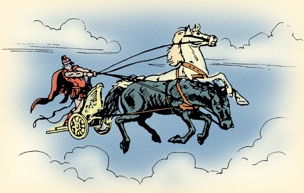 In this allegory, a majestic horse effortlessly pulls a chariot through the expansive sky.