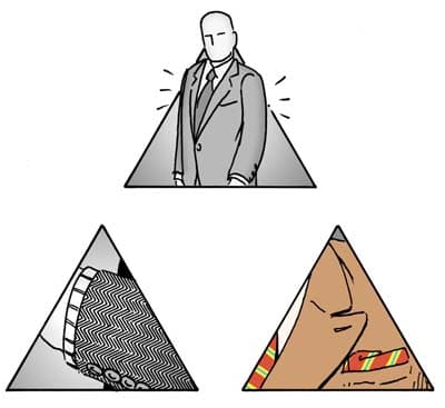 A stylish man, dressed in a suit and tie, represents the concept of "Shop Smart" as he stands beside a geometric triangle symbolizing the "Style Pyramid".