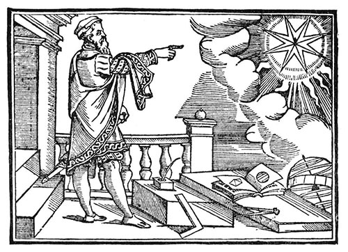 A drawing portraying a man skillfully pointing at a compass, embarking on his first key to discover and pursue his life's task.